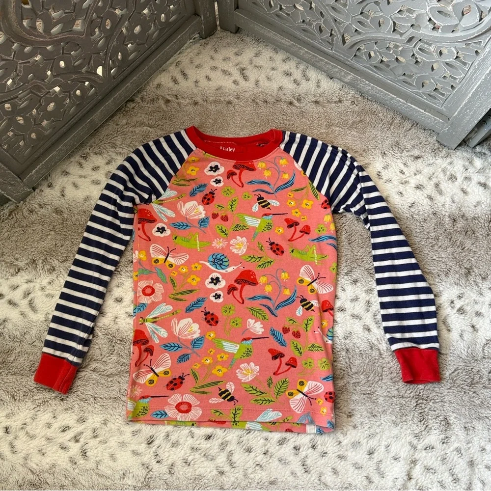 Hatley Kids floral pajama set girls size 10 hummingbird bugs garden party spring